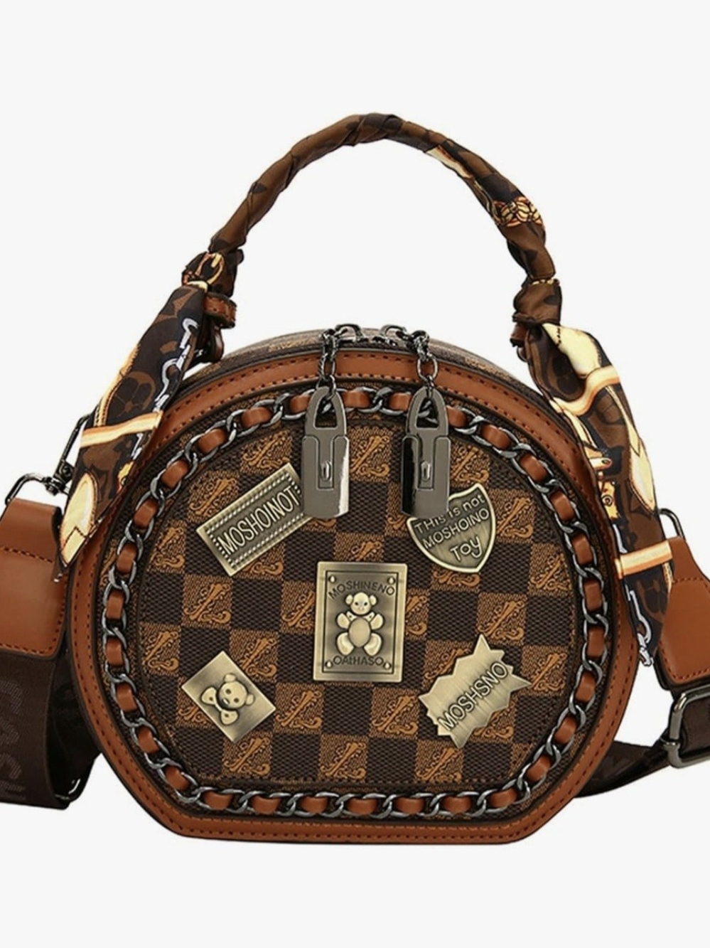 Brown Checkered Mini Round Bag with Gold Plaque Charms